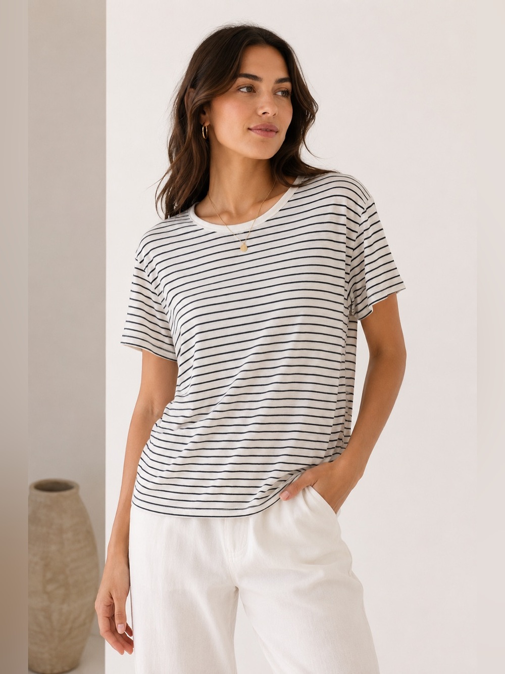 Vince Striped Linen Look Short Sleeve Tee Top White Black Size S Coastal French